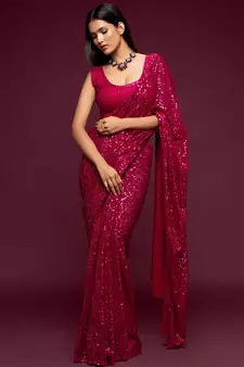 Pink Thread And Multiple Sequins Embroidered Georgette Designer Saree