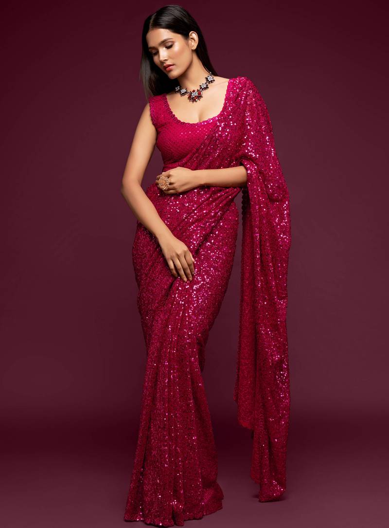 Pink Thread And Multiple Sequins Embroidered Georgette Designer Saree