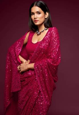 Pink Thread And Multiple Sequins Embroidered Georgette Designer Saree 4