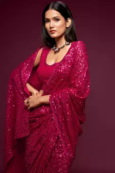 Pink Thread And Multiple Sequins Embroidered Georgette Designer Saree