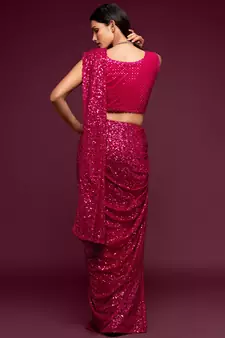 Pink Thread And Multiple Sequins Embroidered Georgette Designer Saree