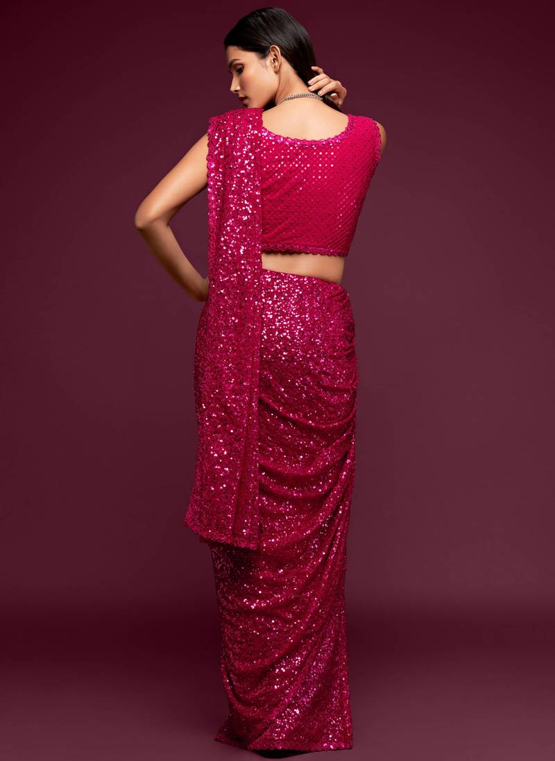Pink Thread And Multiple Sequins Embroidered Georgette Designer Saree