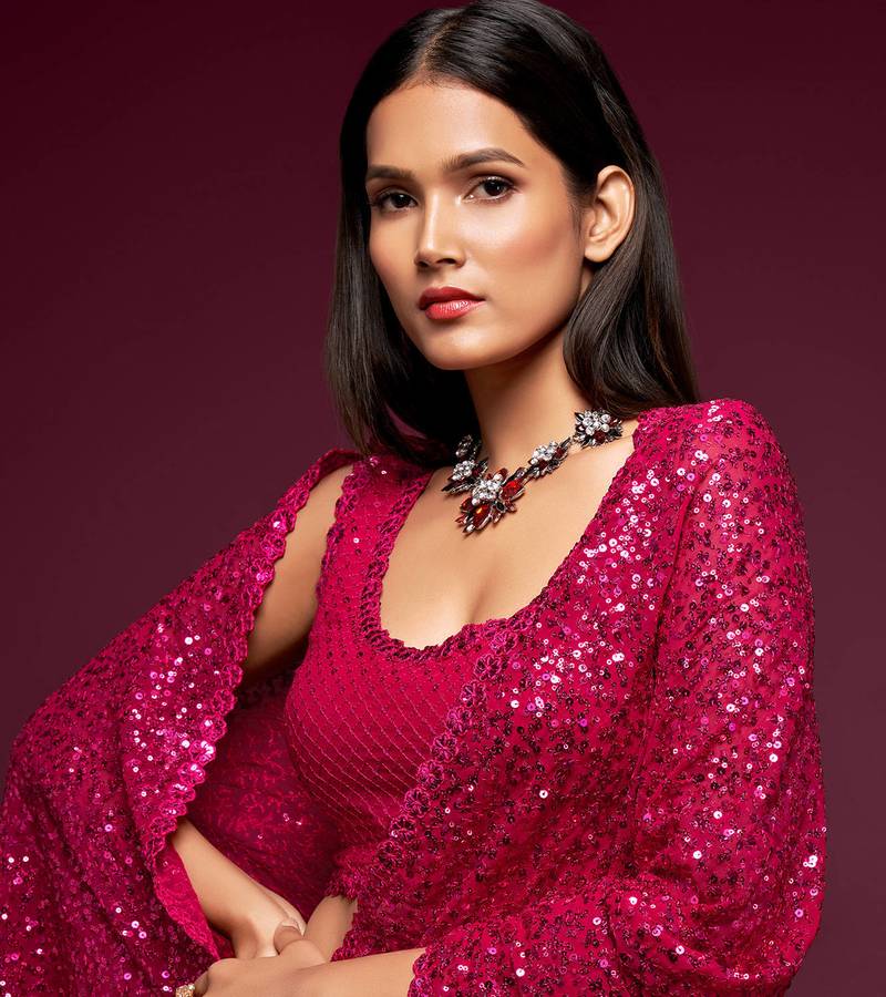 Pink Thread And Multiple Sequins Embroidered Georgette Designer Saree