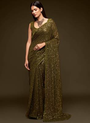 Olive Green Thread And Multiple Sequins Embroidered Georgette Designer Saree 1