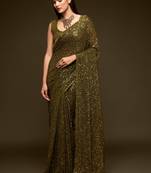 Olive Green Thread And Multiple Sequins Embroidered Georgette Designer Saree