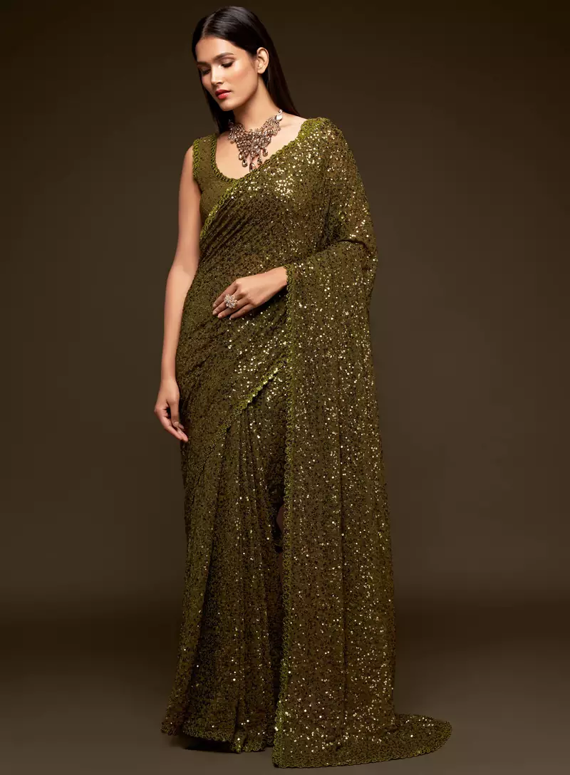 OLIVE GREEN THREAD AND MULTIPLE SEQUINS EMBROIDERED GEORGETTE DESIGNER SAREE