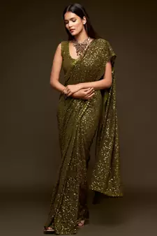 Olive Green Thread And Multiple Sequins Embroidered Georgette Designer Saree