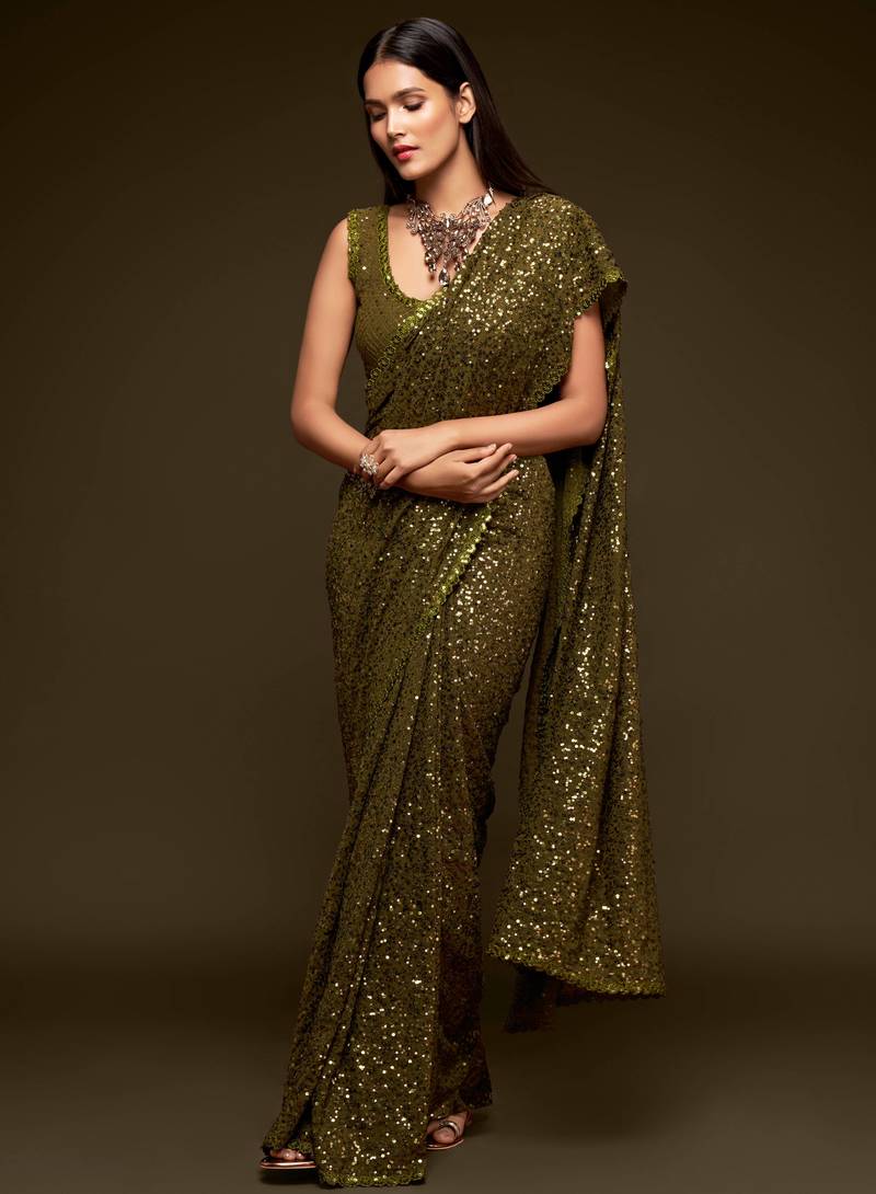 Olive Green Thread And Multiple Sequins Embroidered Georgette Designer Saree