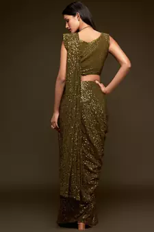 Olive Green Thread And Multiple Sequins Embroidered Georgette Designer Saree