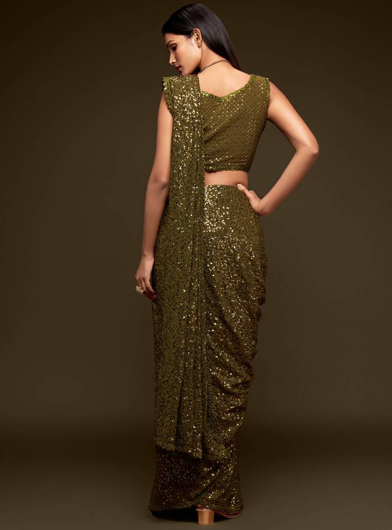 Olive Green Thread And Multiple Sequins Embroidered Georgette Designer Saree