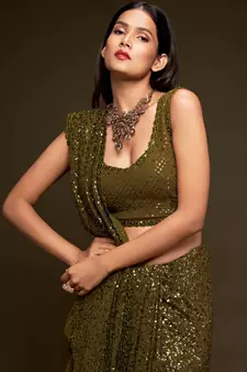 Olive Green Thread And Multiple Sequins Embroidered Georgette Designer Saree