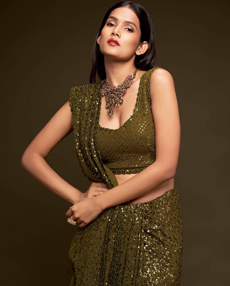 Olive Green Thread And Multiple Sequins Embroidered Georgette Designer Saree
