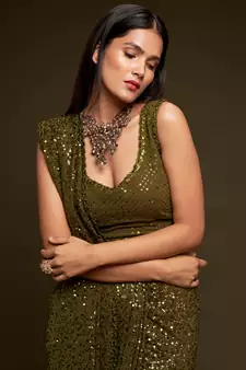 Olive Green Thread And Multiple Sequins Embroidered Georgette Designer Saree