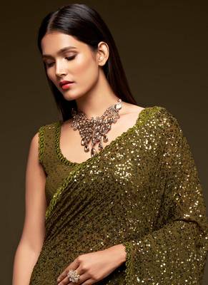 Olive Green Thread And Multiple Sequins Embroidered Georgette Designer Saree 7