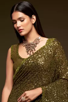 Olive Green Thread And Multiple Sequins Embroidered Georgette Designer Saree