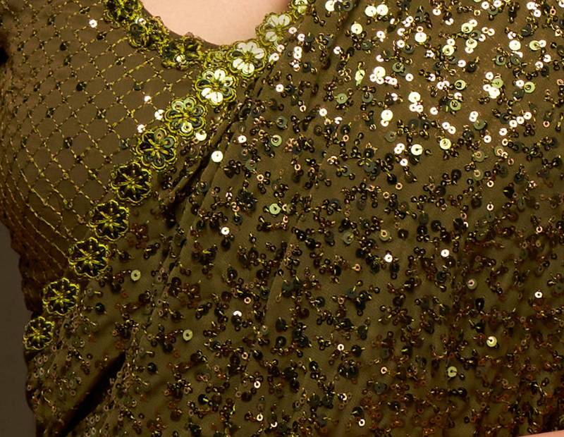 Olive Green Thread And Multiple Sequins Embroidered Georgette Designer Saree