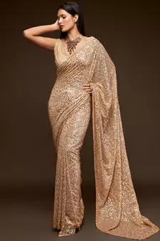 Ancient Ivory Thread And Multiple Sequins Embroidered Georgette Designer Saree