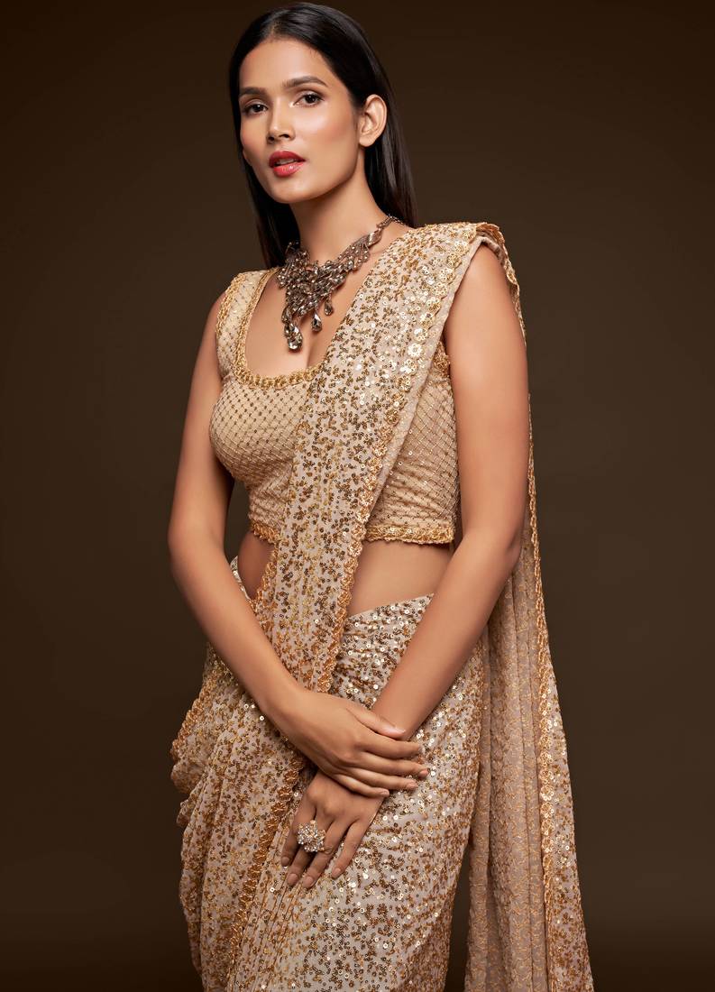 Ancient Ivory Thread And Multiple Sequins Embroidered Georgette Designer Saree