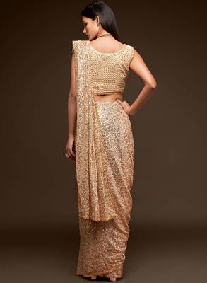 Ancient Ivory Thread And Multiple Sequins Embroidered Georgette Designer Saree 5