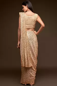 Ancient Ivory Thread And Multiple Sequins Embroidered Georgette Designer Saree