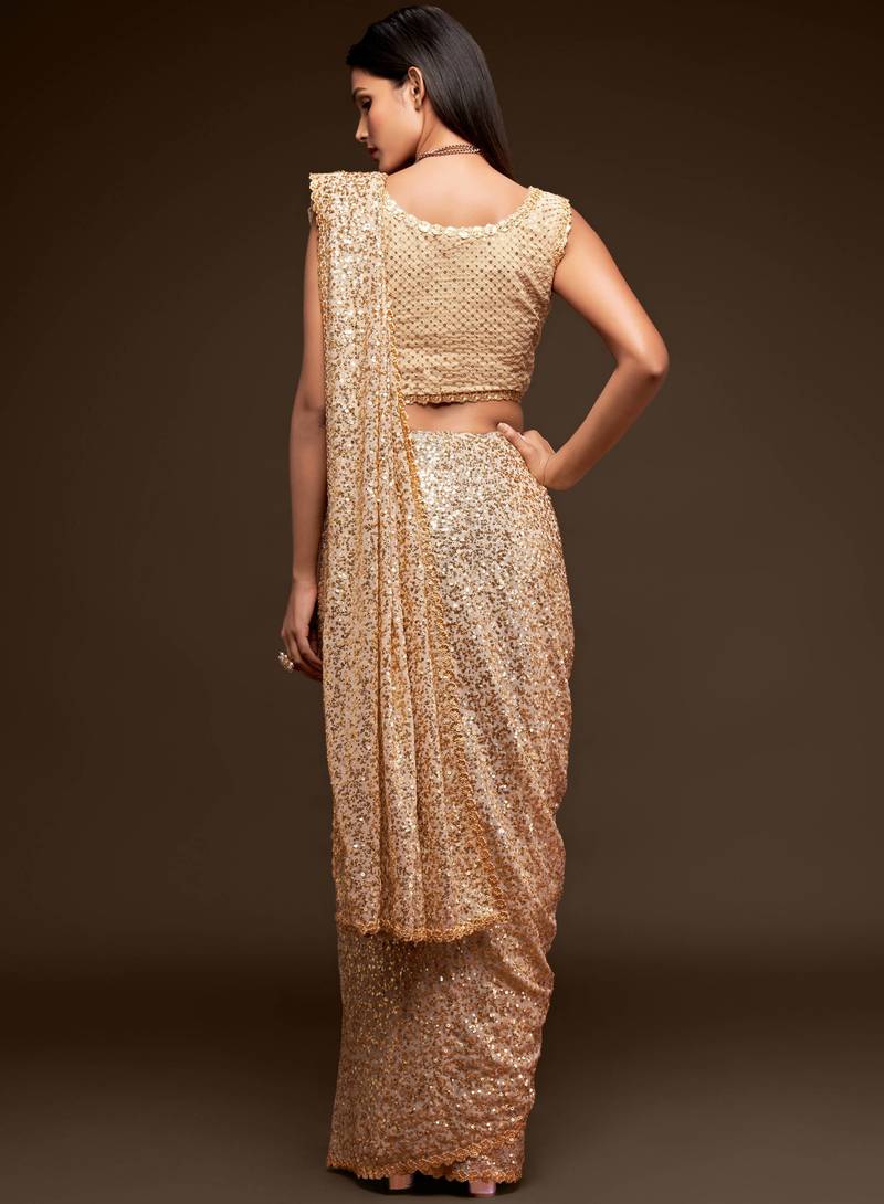 Ancient Ivory Thread And Multiple Sequins Embroidered Georgette Designer Saree
