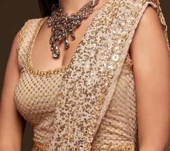 Ancient Ivory Thread And Multiple Sequins Embroidered Georgette Designer Saree 6