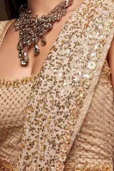 Ancient Ivory Thread And Multiple Sequins Embroidered Georgette Designer Saree