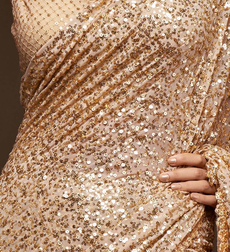 Ancient Ivory Thread And Multiple Sequins Embroidered Georgette Designer Saree