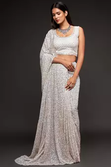 Pearl White Thread And Multiple Sequins Embroidered Georgette Designer Saree