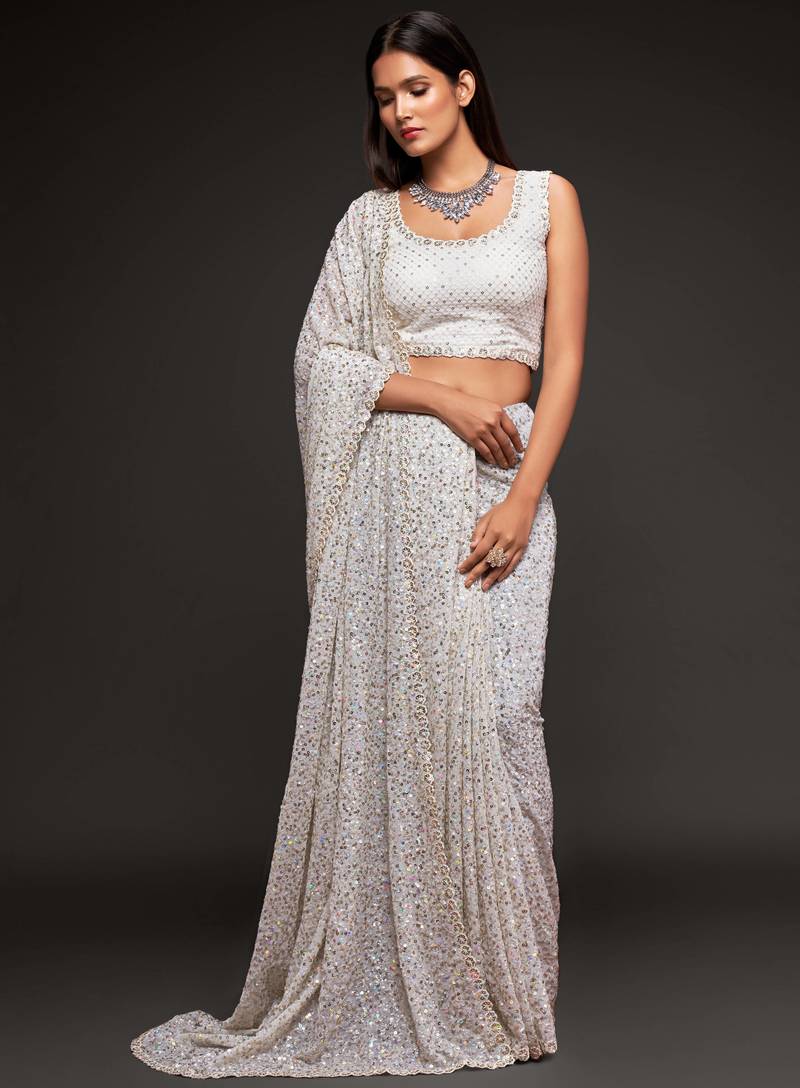 Pearl White Thread And Multiple Sequins Embroidered Georgette Designer Saree