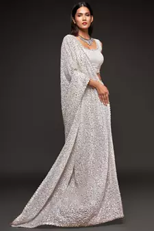 Pearl White Thread And Multiple Sequins Embroidered Georgette Designer Saree