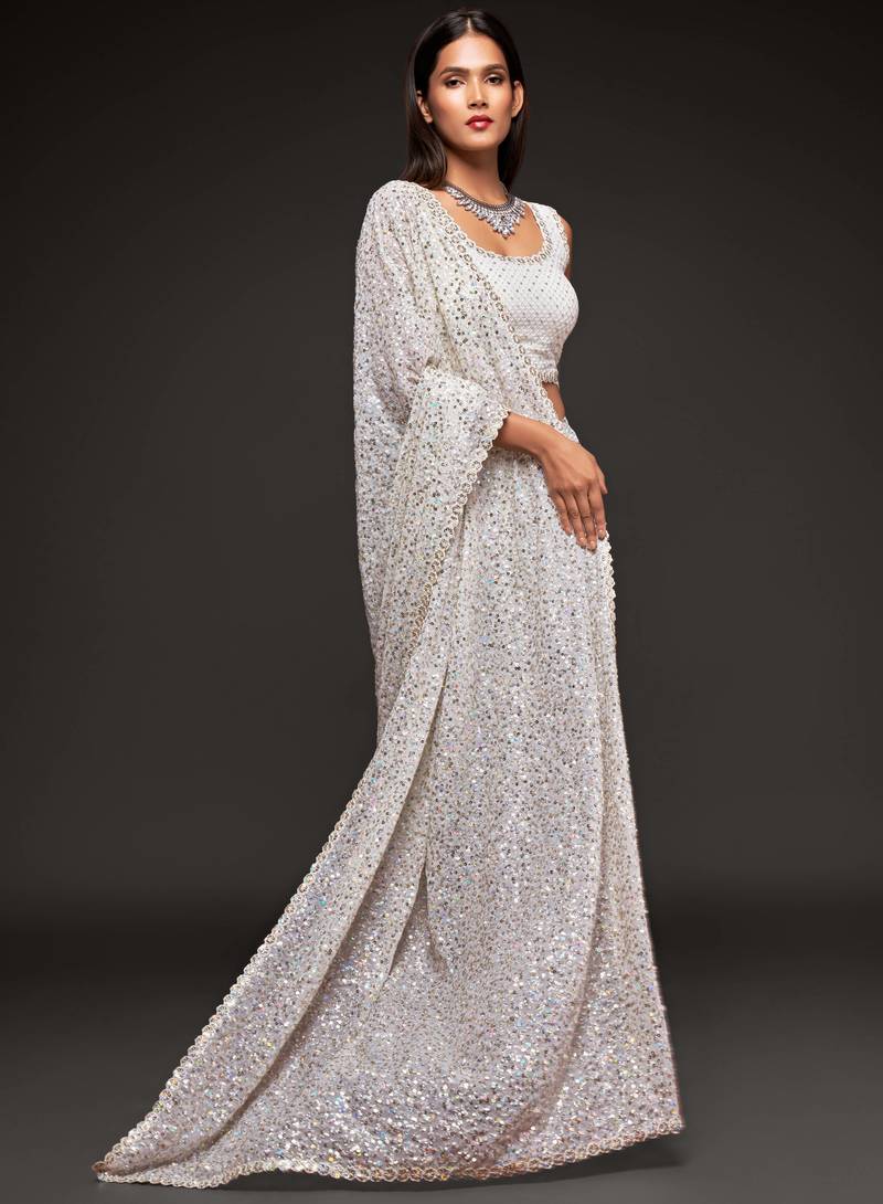 Pearl White Thread And Multiple Sequins Embroidered Georgette Designer Saree