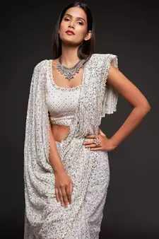 Pearl White Thread And Multiple Sequins Embroidered Georgette Designer Saree