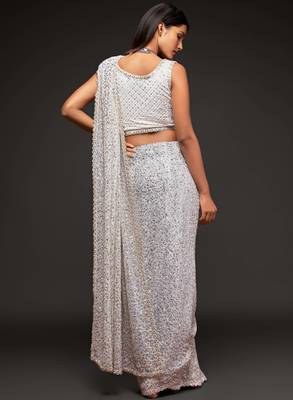Pearl White Thread And Multiple Sequins Embroidered Georgette Designer Saree 6