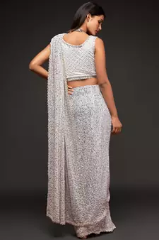 Pearl White Thread And Multiple Sequins Embroidered Georgette Designer Saree