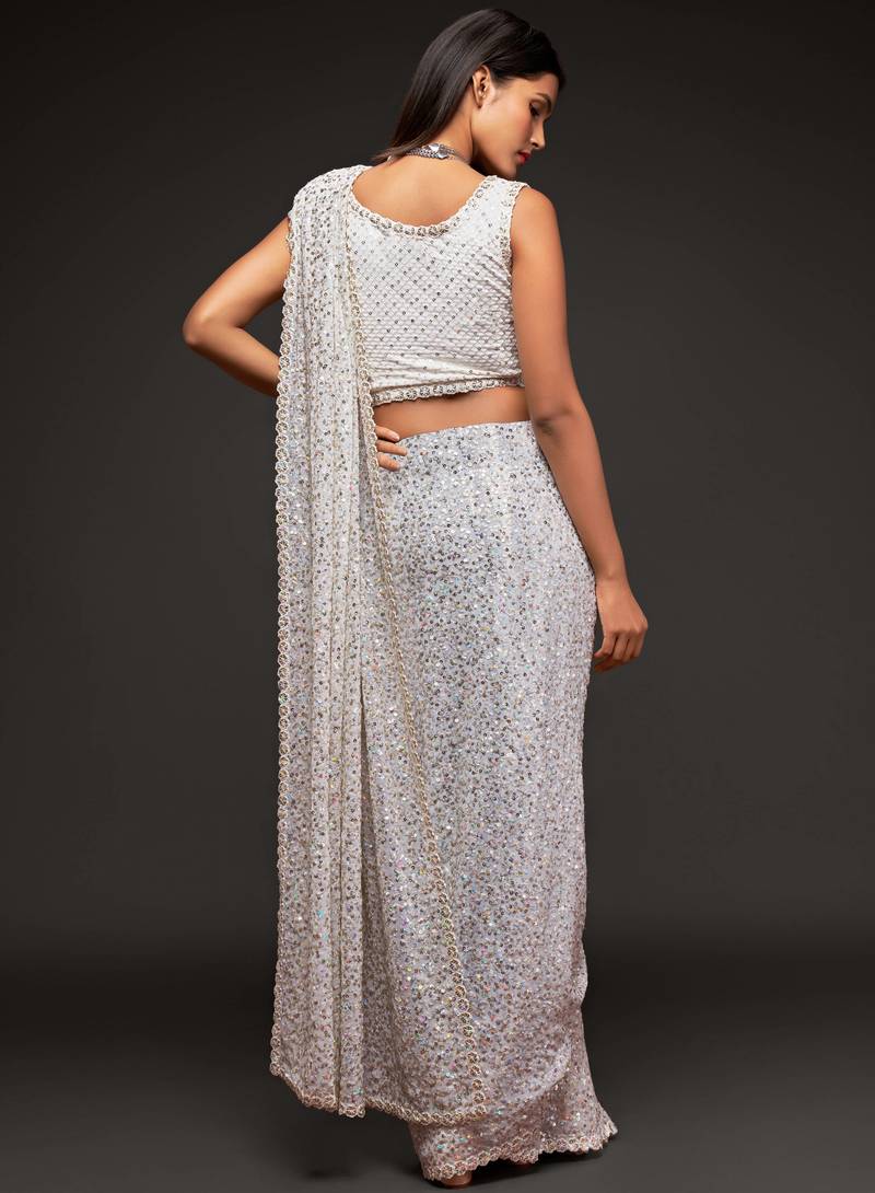 Pearl White Thread And Multiple Sequins Embroidered Georgette Designer Saree