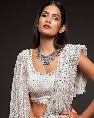 Pearl White Thread And Multiple Sequins Embroidered Georgette Designer Saree 7