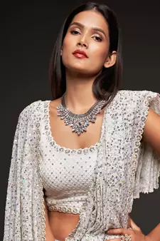 Pearl White Thread And Multiple Sequins Embroidered Georgette Designer Saree