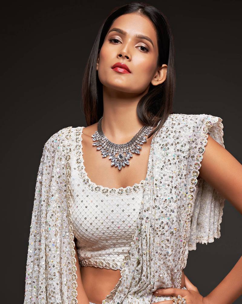 Pearl White Thread And Multiple Sequins Embroidered Georgette Designer Saree