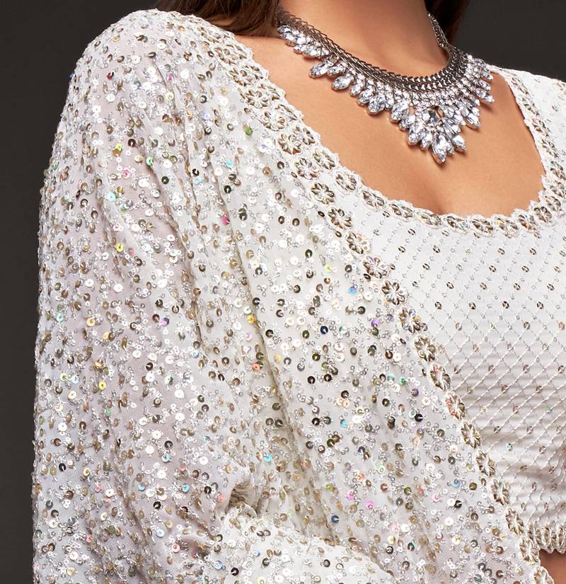 Pearl White Thread And Multiple Sequins Embroidered Georgette Designer Saree