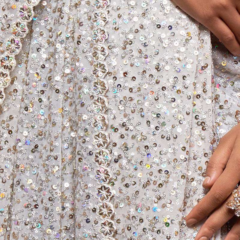 Pearl White Thread And Multiple Sequins Embroidered Georgette Designer Saree