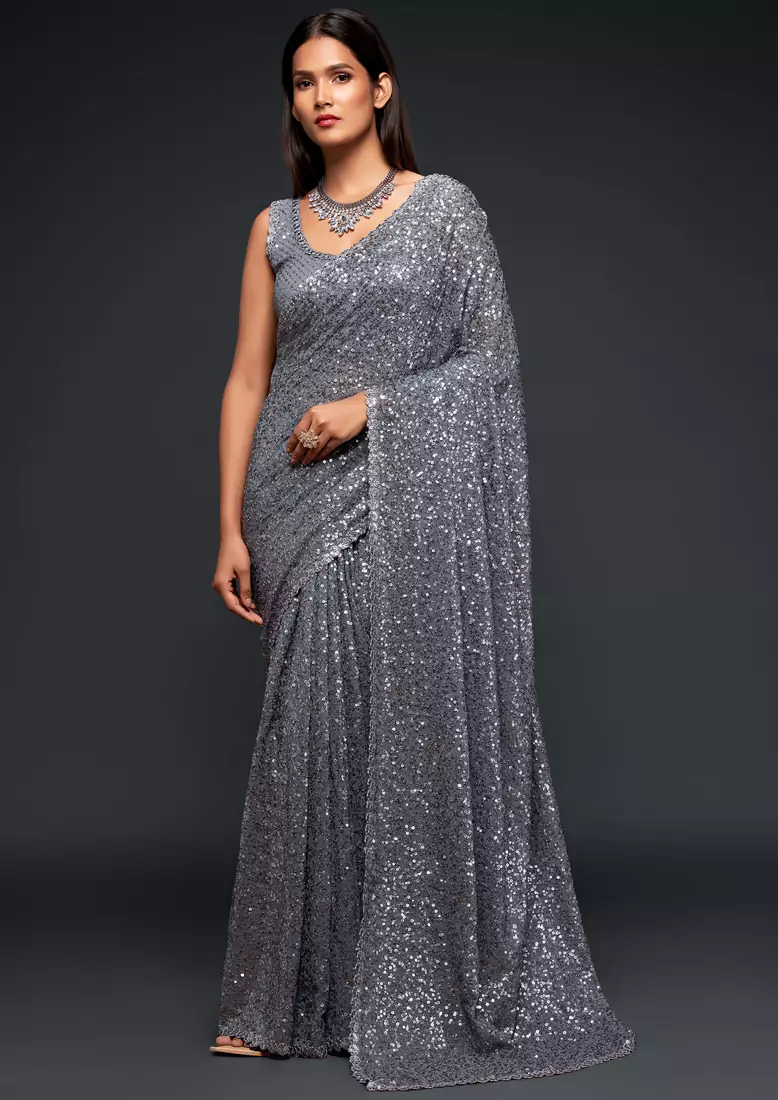 SLATE GREY THREAD AND MULTIPLE SEQUINS EMBROIDERED GEORGETTE DESIGNER SAREE