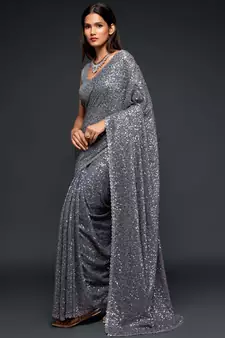 Slate Grey Georgette Heavy Sequin Embroidered Saree with Un-Stitched Blouse