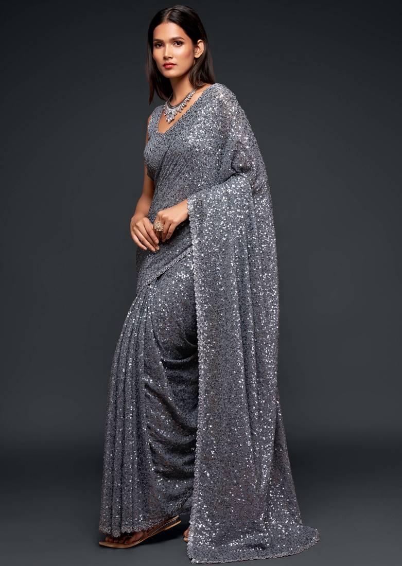 Slate Grey Georgette Heavy Sequin Embroidered Saree with Un-Stitched Blouse