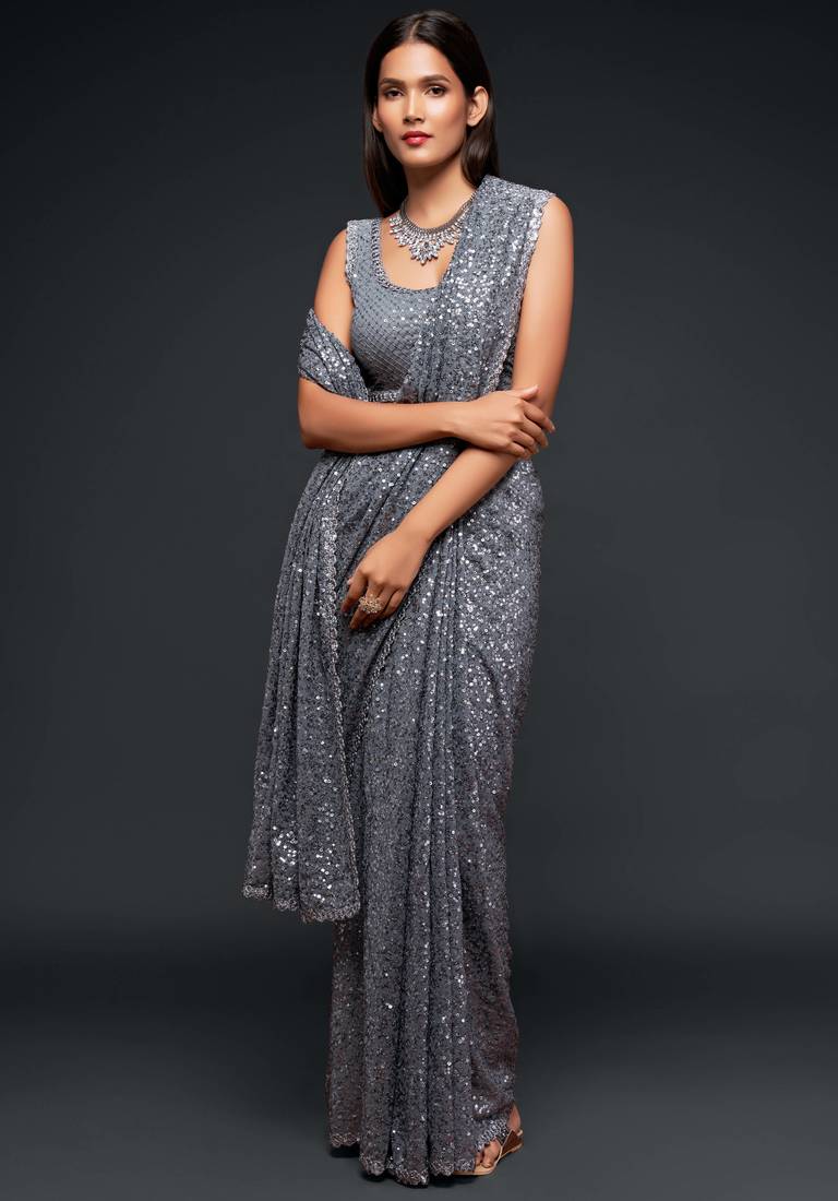 Slate Grey Georgette Heavy Sequin Embroidered Saree with Un-Stitched Blouse