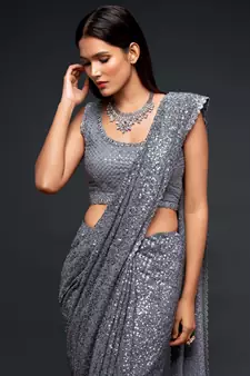 Slate Grey Georgette Heavy Sequin Embroidered Saree with Un-Stitched Blouse