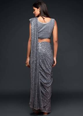 Slate Grey Georgette Heavy Sequin Embroidered Saree with Un-Stitched Blouse 6