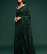 Deep Green Thread And Multiple Sequins Embroidered Georgette Designer Saree