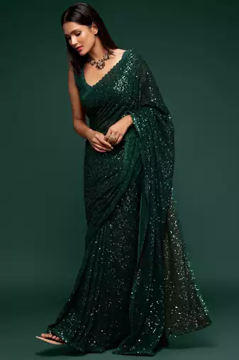 Deep Green Thread And Multiple Sequins Embroidered Georgette Designer Saree