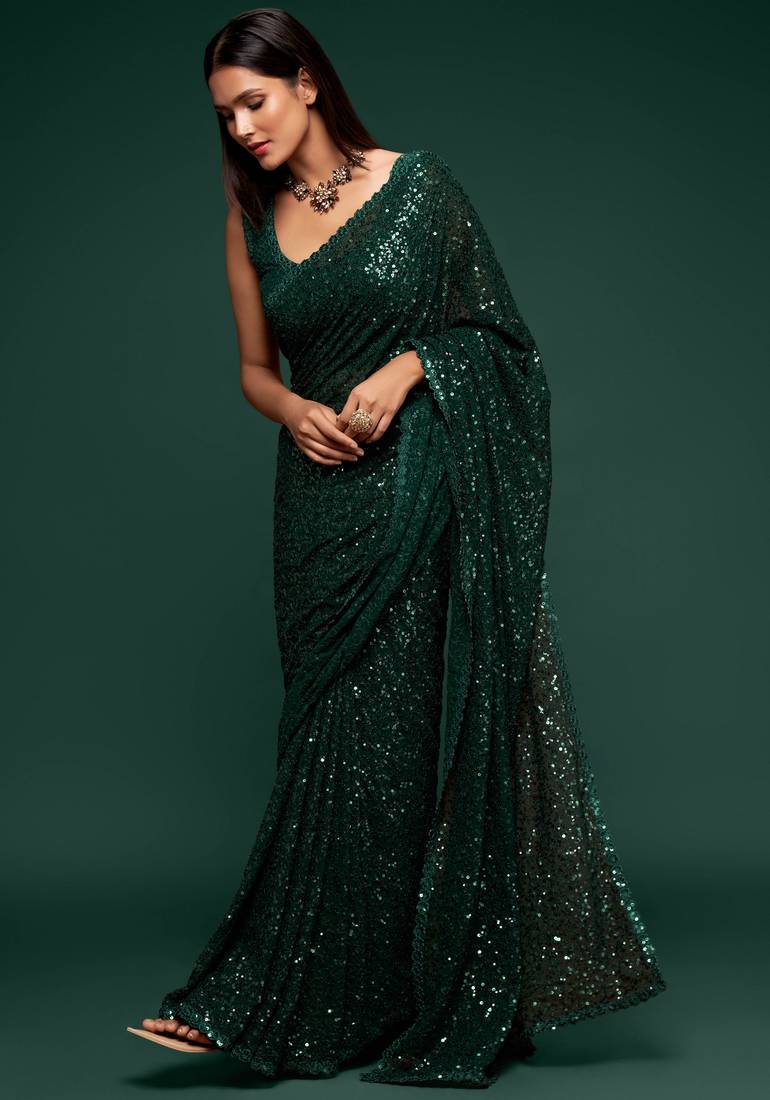 Deep Green Thread And Multiple Sequins Embroidered Georgette Designer Saree
